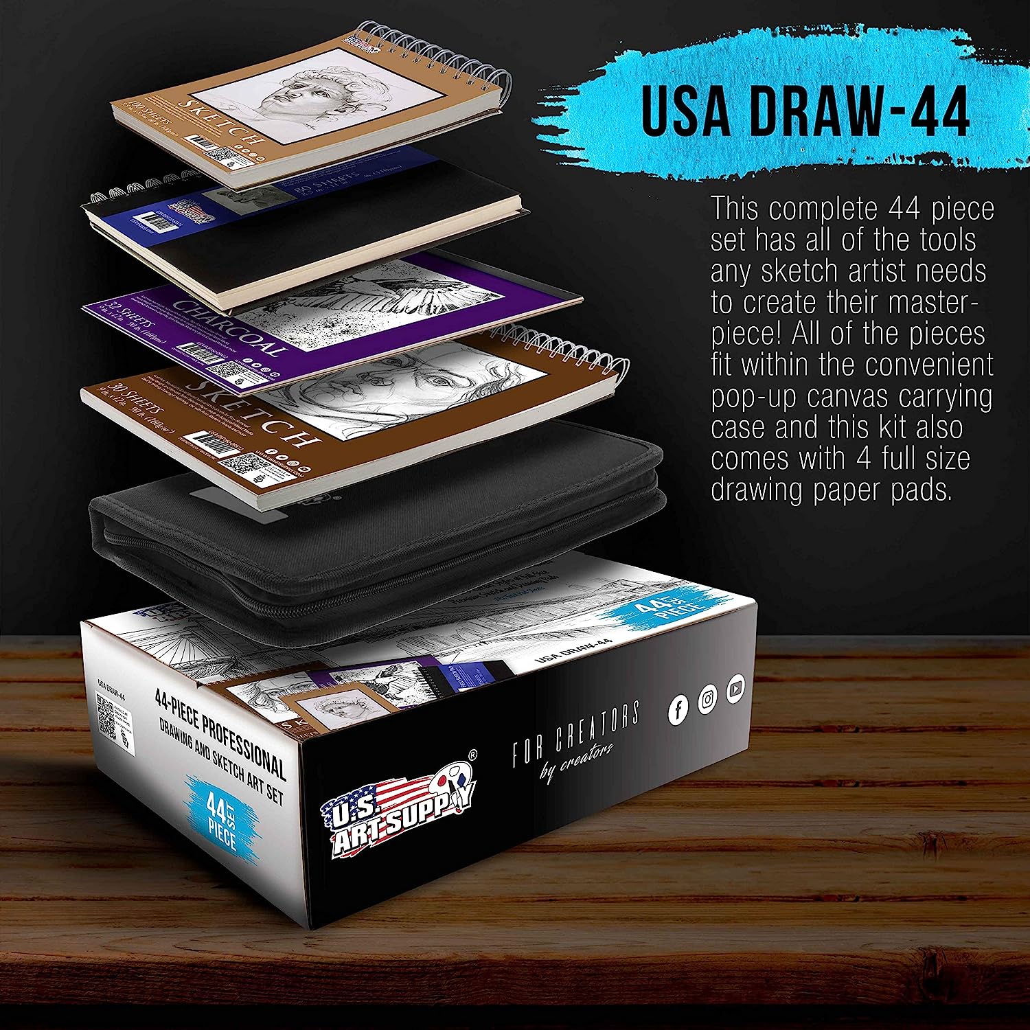 U.S. Art Supply 44-Piece Drawing & Sketching Art Set with 4 Sketch Pads (242 Paper Sheets) - Professional Artist Kit, Graphite, Charcoal, Pastel Pencils & Sticks, Erasers - Pop-Up Carry Case, Student - Image 3